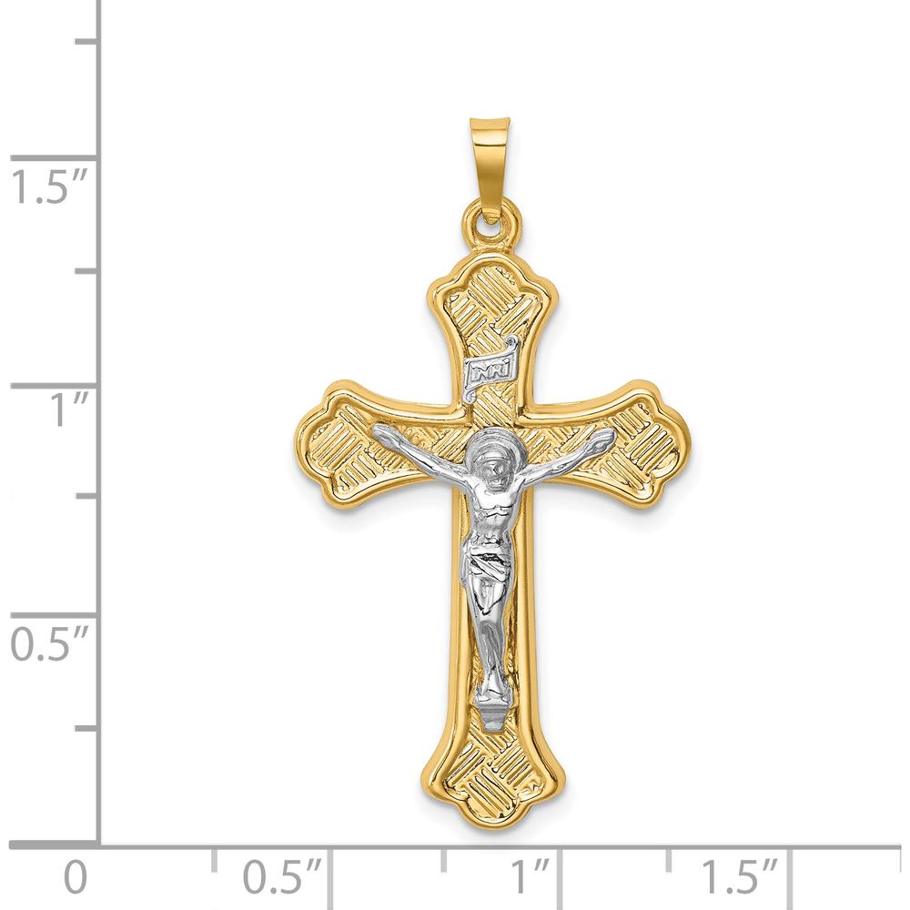 14K Two-Tone Gold Polished Woven Fleur de Lis Crucifix Pendant - Faith-Inspired Design by Oro Pregiato