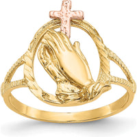 14K Two-Tone Gold Praying Hands Cross Ring with Diamond-Cut Texture by Oro Pregiato