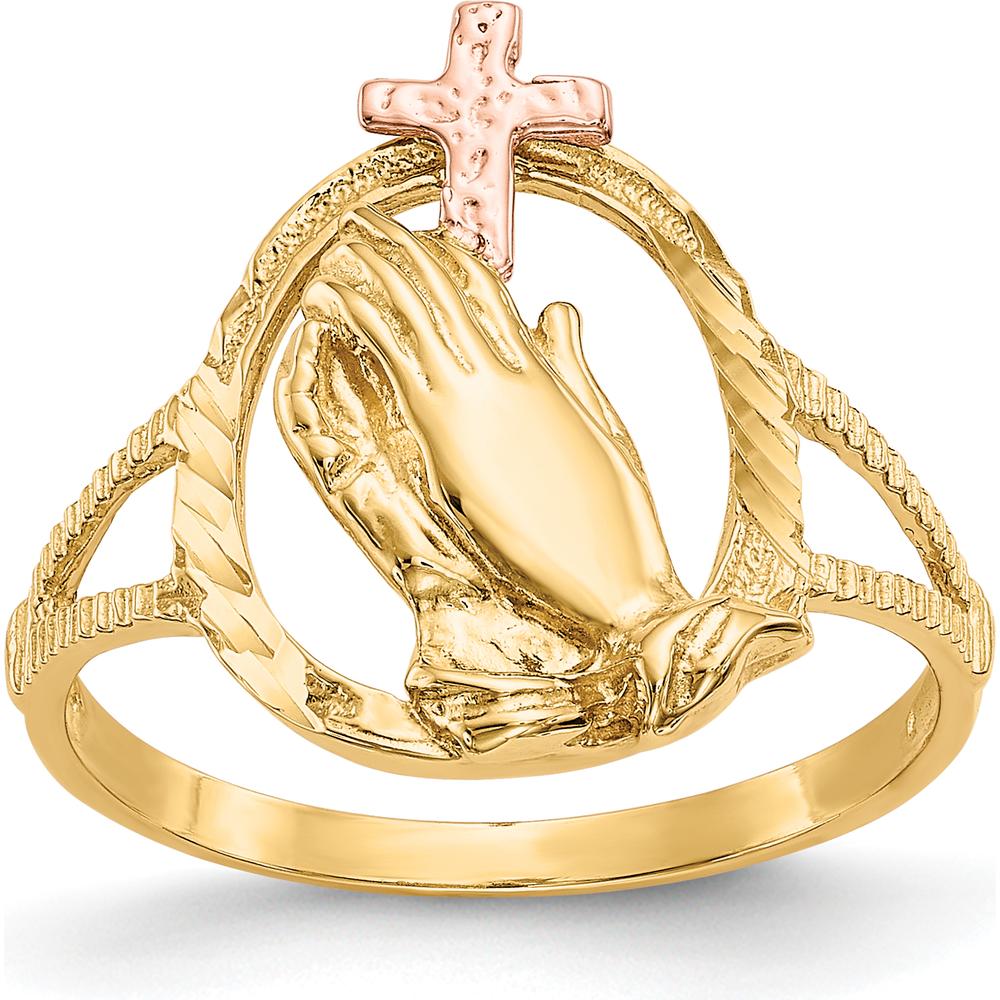 14K Two-Tone Gold Praying Hands Cross Ring with Diamond-Cut Texture by Oro Pregiato