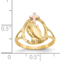 14K Two-Tone Gold Praying Hands Cross Ring with Diamond-Cut Texture by Oro Pregiato