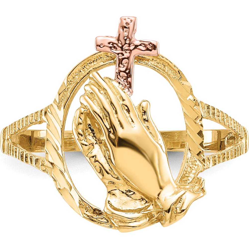 14K Two-Tone Gold Praying Hands Cross Ring with Diamond-Cut Texture by Oro Pregiato