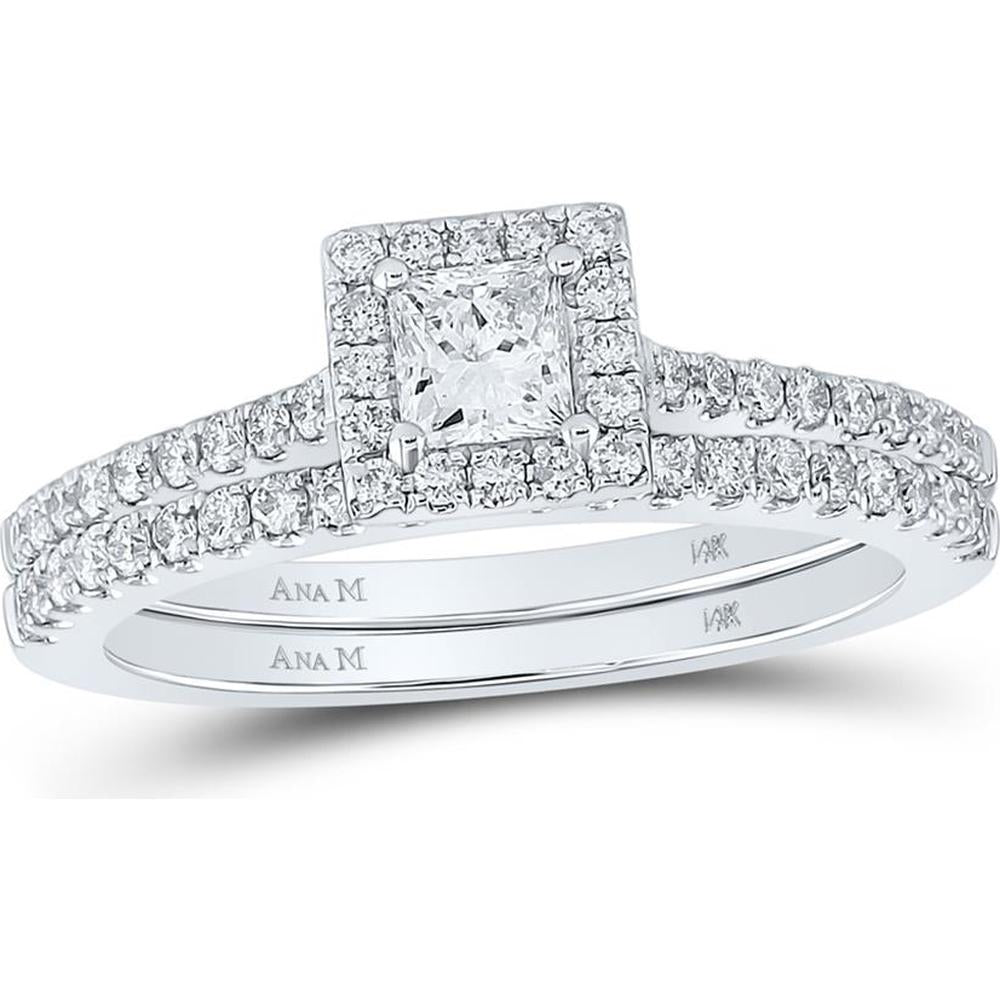 14K Two-Tone Gold Princess Cut Diamond Halo Bridal Ring Set - 7/8 Carat Total Diamond Weight
