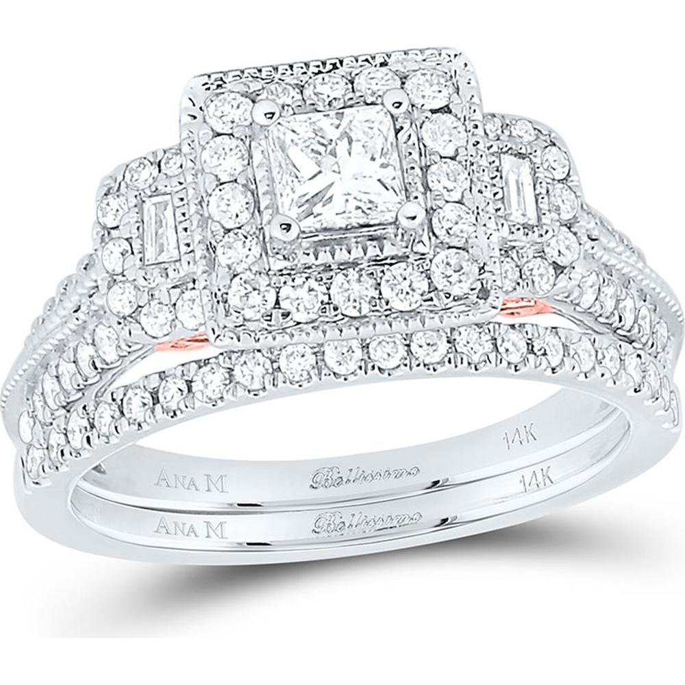 14K Two-Tone Gold Princess Diamond Bridal Wedding Ring Set with Blue Sapphire - 1 Carat Total Weight