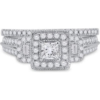 14K Two-Tone Gold Princess Diamond Bridal Wedding Ring Set with Blue Sapphire - 1 Carat Total Weight