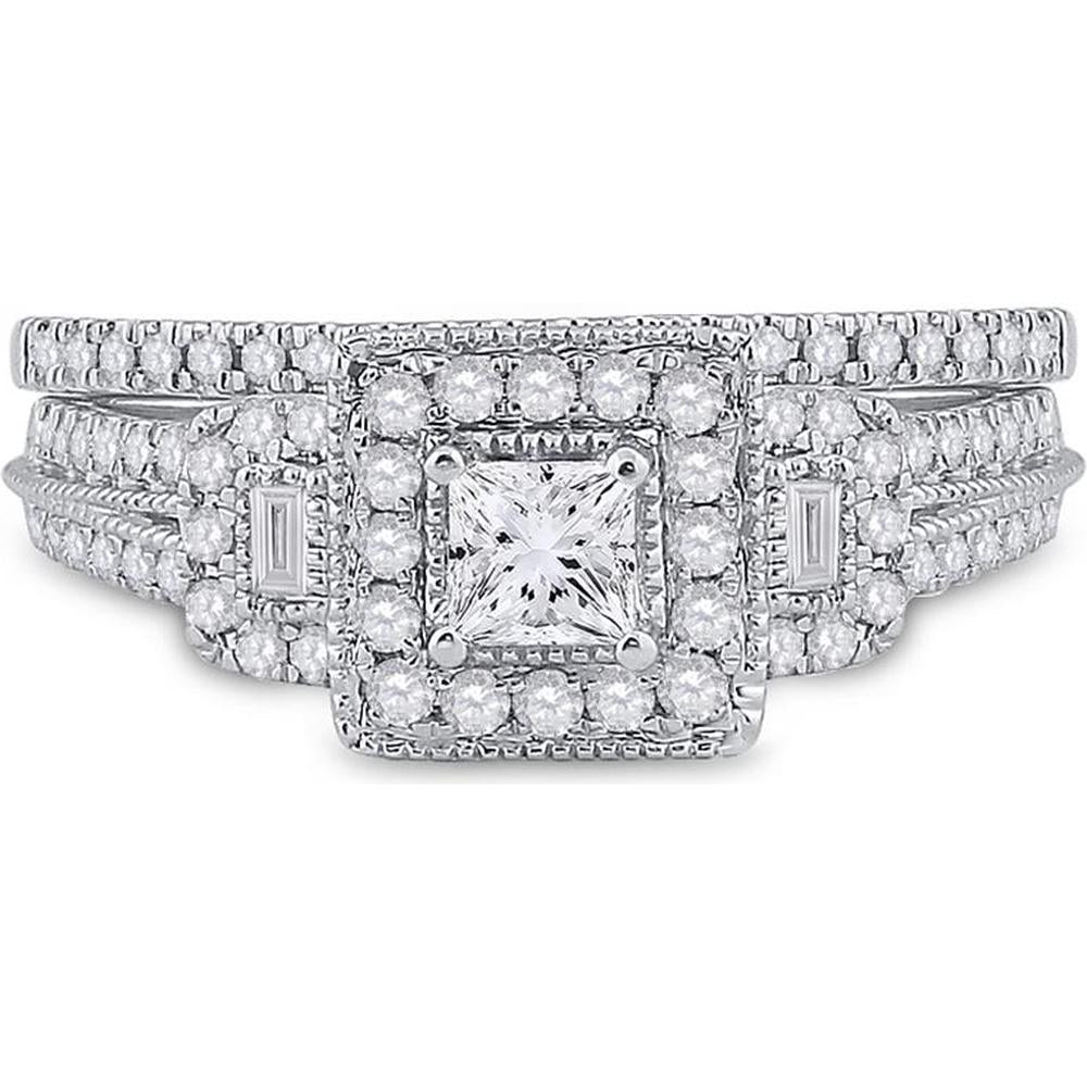 14K Two-Tone Gold Princess Diamond Bridal Wedding Ring Set with Blue Sapphire - 1 Carat Total Weight