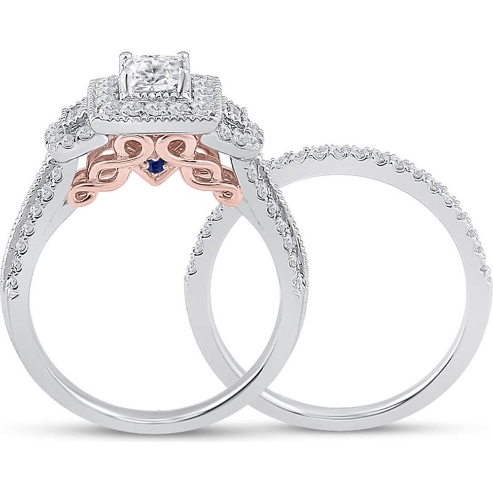 14K Two-Tone Gold Princess Diamond Bridal Wedding Ring Set with Blue Sapphire - 1 Carat Total Weight