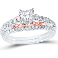 14K Two-Tone Gold Princess Diamond Bridal Wedding Ring Set with Round Diamond and Blue Sapphire Accent - 1.02 Carat Total Diamond Weight