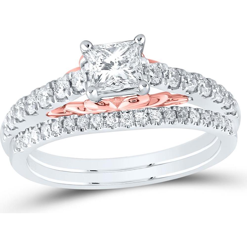 14K Two-Tone Gold Princess Diamond Bridal Wedding Ring Set with Round Diamond and Blue Sapphire Accent - 1.02 Carat Total Diamond Weight