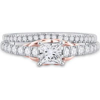 14K Two-Tone Gold Princess Diamond Bridal Wedding Ring Set with Round Diamond and Blue Sapphire Accent - 1.02 Carat Total Diamond Weight