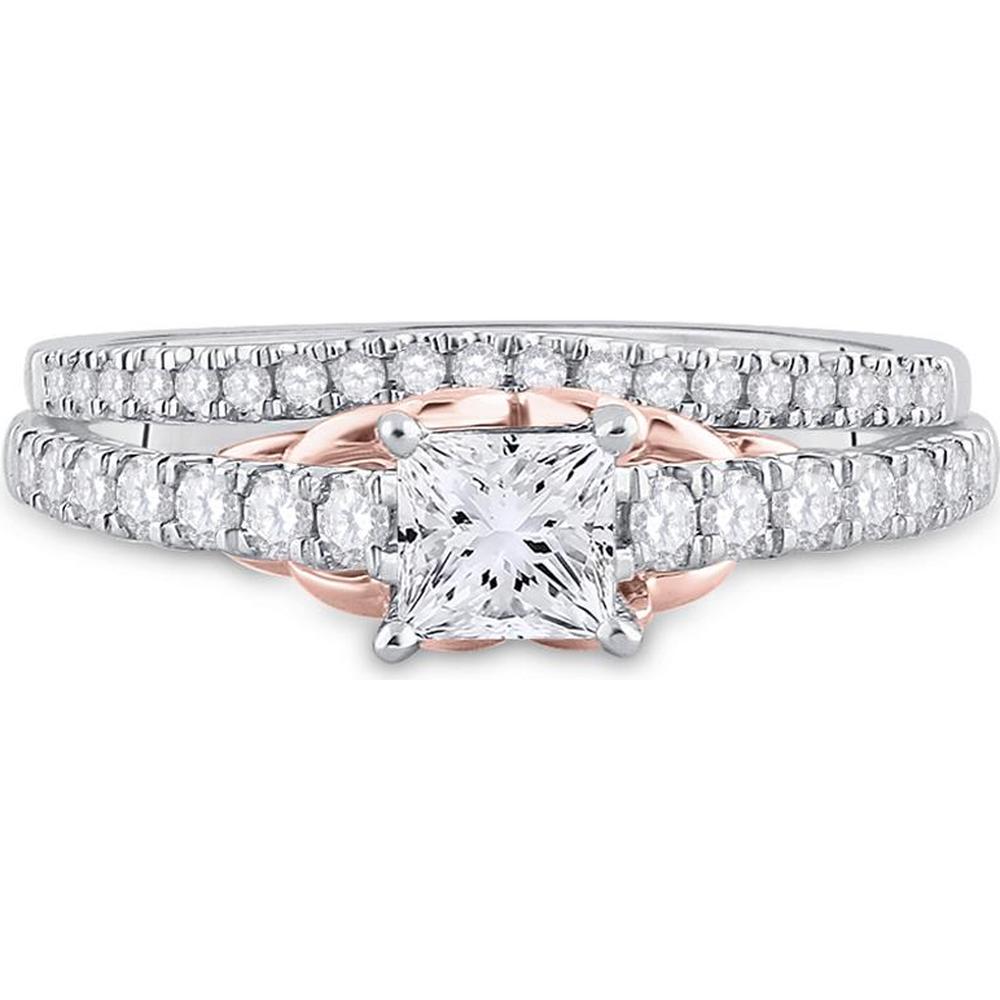 14K Two-Tone Gold Princess Diamond Bridal Wedding Ring Set with Round Diamond and Blue Sapphire Accent - 1.02 Carat Total Diamond Weight