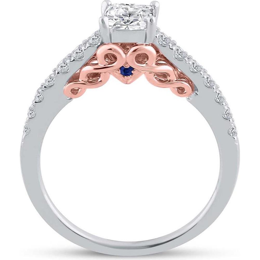 14K Two-Tone Gold Princess Diamond Bridal Wedding Ring Set with Round Diamond and Blue Sapphire Accent - 1.02 Carat Total Diamond Weight