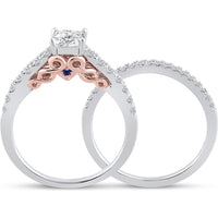 14K Two-Tone Gold Princess Diamond Bridal Wedding Ring Set with Round Diamond and Blue Sapphire Accent - 1.02 Carat Total Diamond Weight