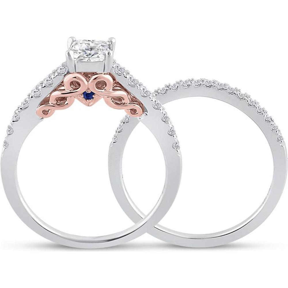 14K Two-Tone Gold Princess Diamond Bridal Wedding Ring Set with Round Diamond and Blue Sapphire Accent - 1.02 Carat Total Diamond Weight