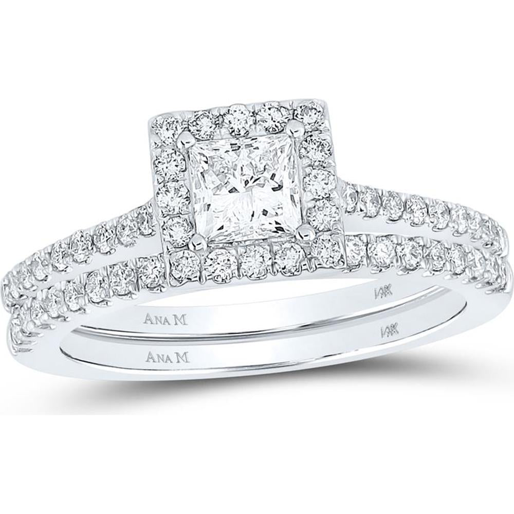 14K Two-Tone Gold Princess Diamond Halo Bridal Wedding Ring Set - 1.08 Carat Total Diamond Weight