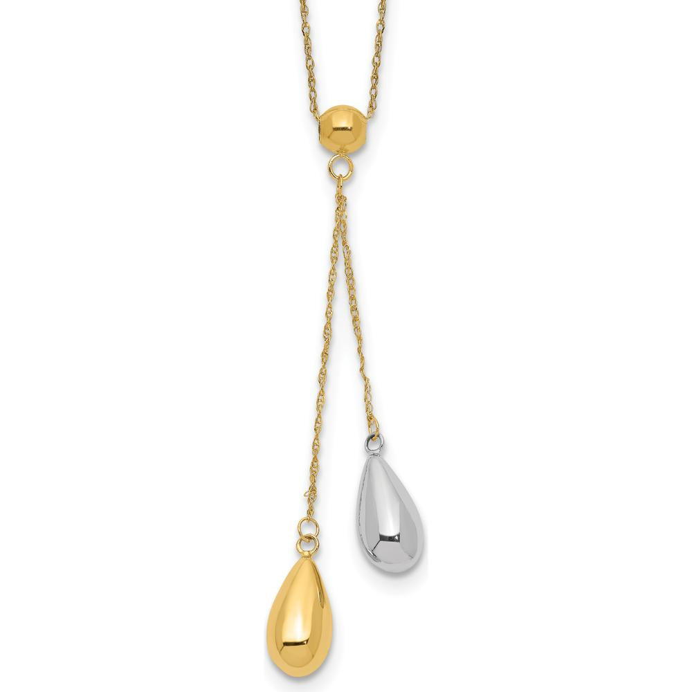 14K Two-Tone Gold Puffed Teardrop Lariat Necklace with Polished Finish - 18" by 0
