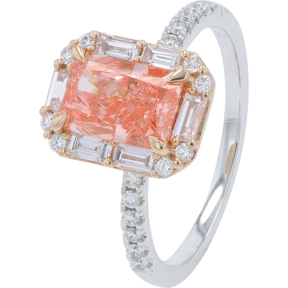 14K Two-Tone Gold Radiant Cut Pink Lab Grown Diamond Engagement Ring with Baguette and Round Diamond Halo - 2.00 Carat Total Diamond Weight