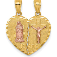 14K Two-Tone Gold Reversible Spanish Our Lady of Guadalupe & Crucifix TE AMO Break-apart Heart Pendant - 22.7mm Length by Oro Pregiato