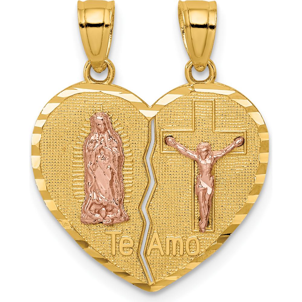 14K Two-Tone Gold Reversible Spanish Our Lady of Guadalupe & Crucifix TE AMO Break-apart Heart Pendant - 22.7mm Length by Oro Pregiato