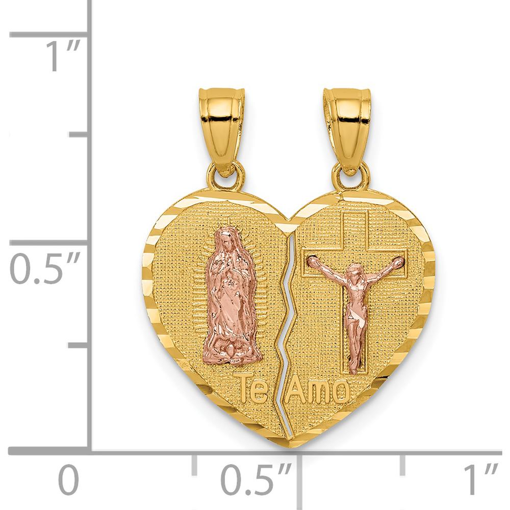 14K Two-Tone Gold Reversible Spanish Our Lady of Guadalupe & Crucifix TE AMO Break-apart Heart Pendant - 22.7mm Length by Oro Pregiato