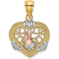 14K Two-Tone Gold Rhodium-Plated Praying Hands Cross Heart Pendant by Oro Pregiato