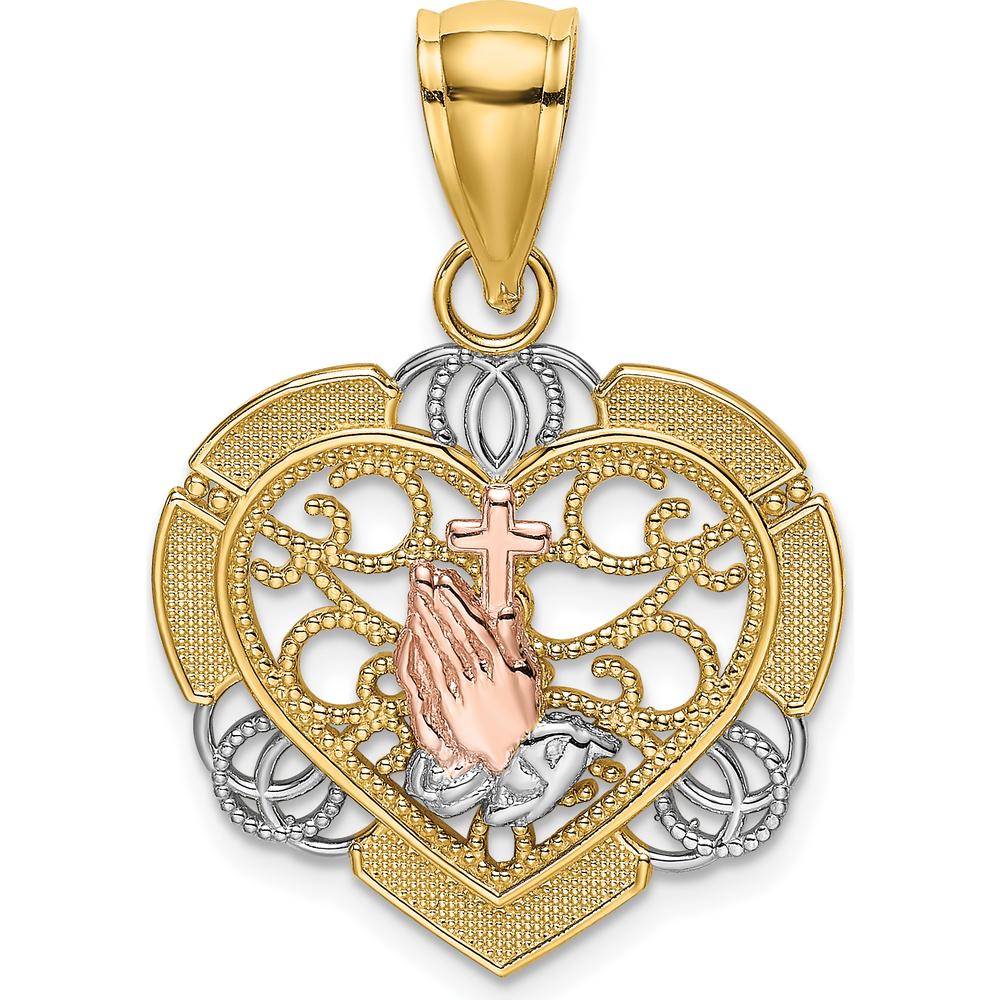 14K Two-Tone Gold Rhodium-Plated Praying Hands Cross Heart Pendant by Oro Pregiato