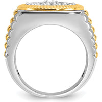 14K Two-Tone Gold Ribbed and Satin Band Ring with 2 1/8 Carats Diamond Cluster by IBGoodman