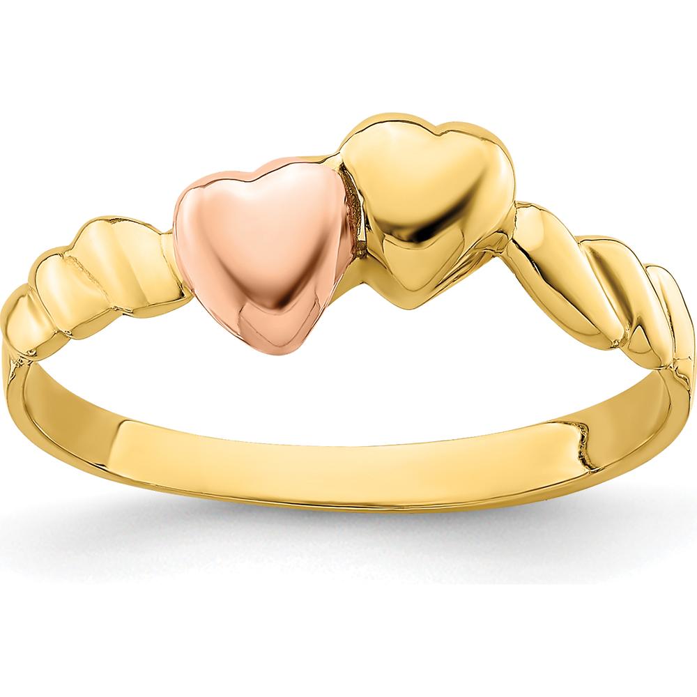 14K Two-Tone Gold Ridged Band with Two Heart Design - Polished Finish by 0