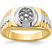 14K Two-Tone Gold Ridged-Sides Circular Top Men's Ring Mounting - Polished Finish by IBGoodman