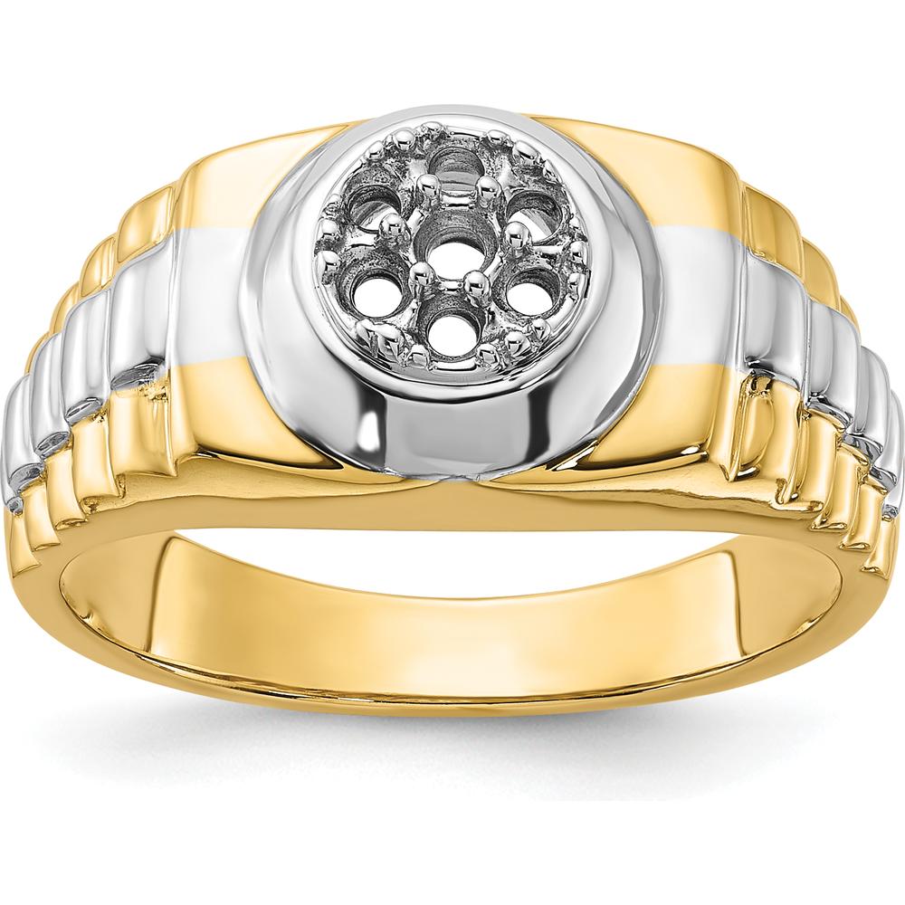 14K Two-Tone Gold Ridged-Sides Circular Top Men's Ring Mounting - Polished Finish by IBGoodman