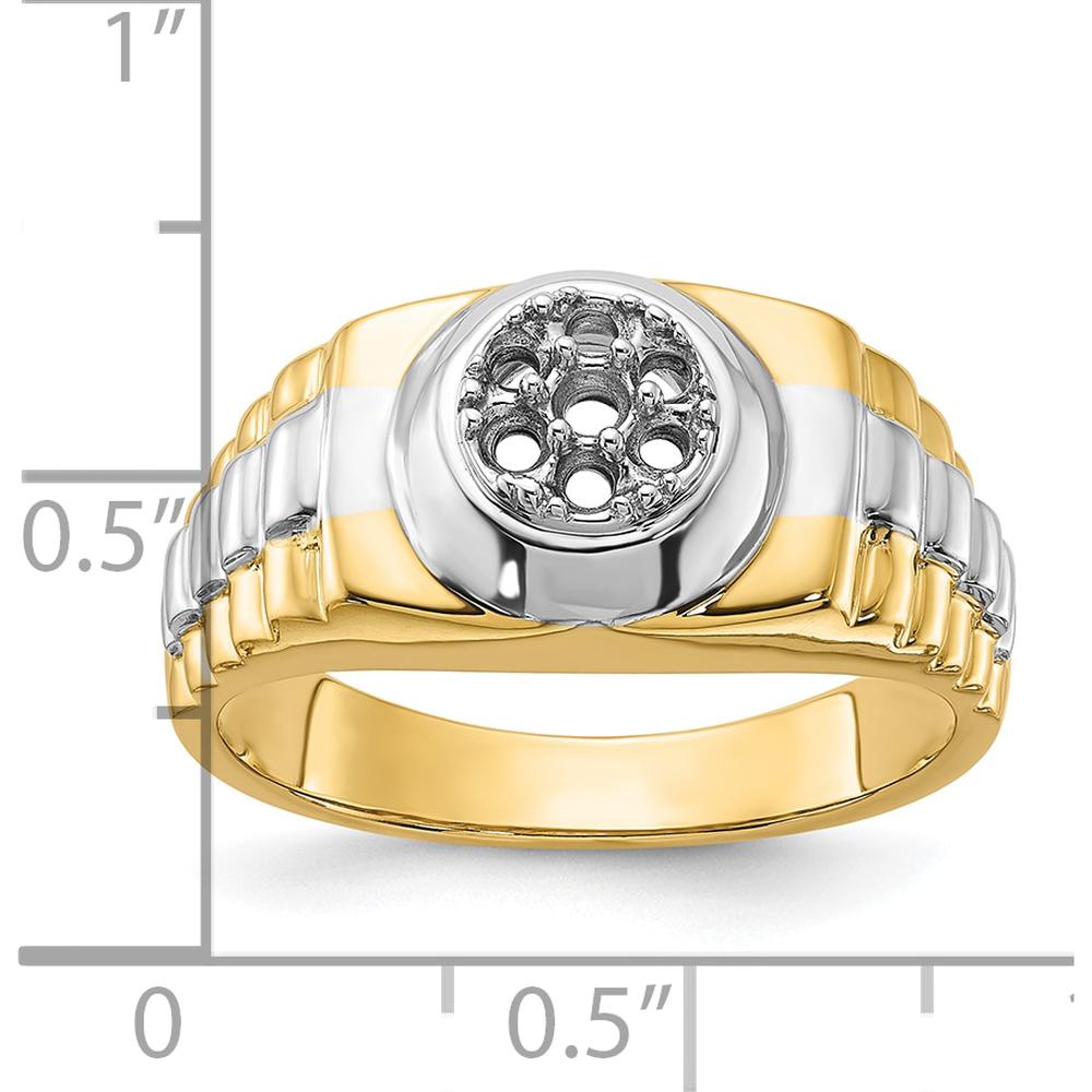 14K Two-Tone Gold Ridged-Sides Circular Top Men's Ring Mounting - Polished Finish by IBGoodman