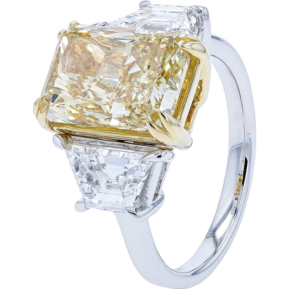 14K Two-Tone Gold Ring with 5.00 Carat Fancy Vivid Yellow Lab-Grown Diamond and Trapezoid Side Stones - 7.00 Carat Total Diamond Weight