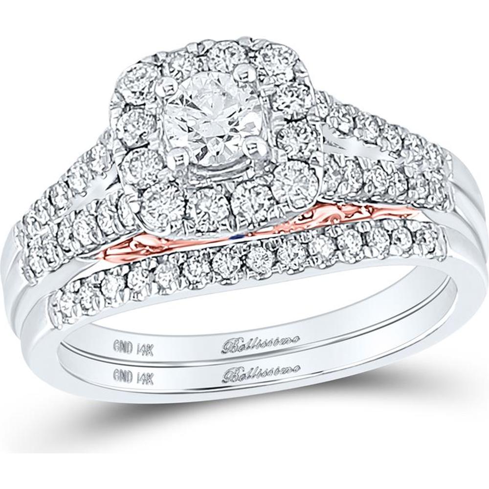 14K Two-Tone Gold Round Diamond Bridal Wedding Ring Set with Natural Blue Sapphire - 1 Carat Total Diamond Weight