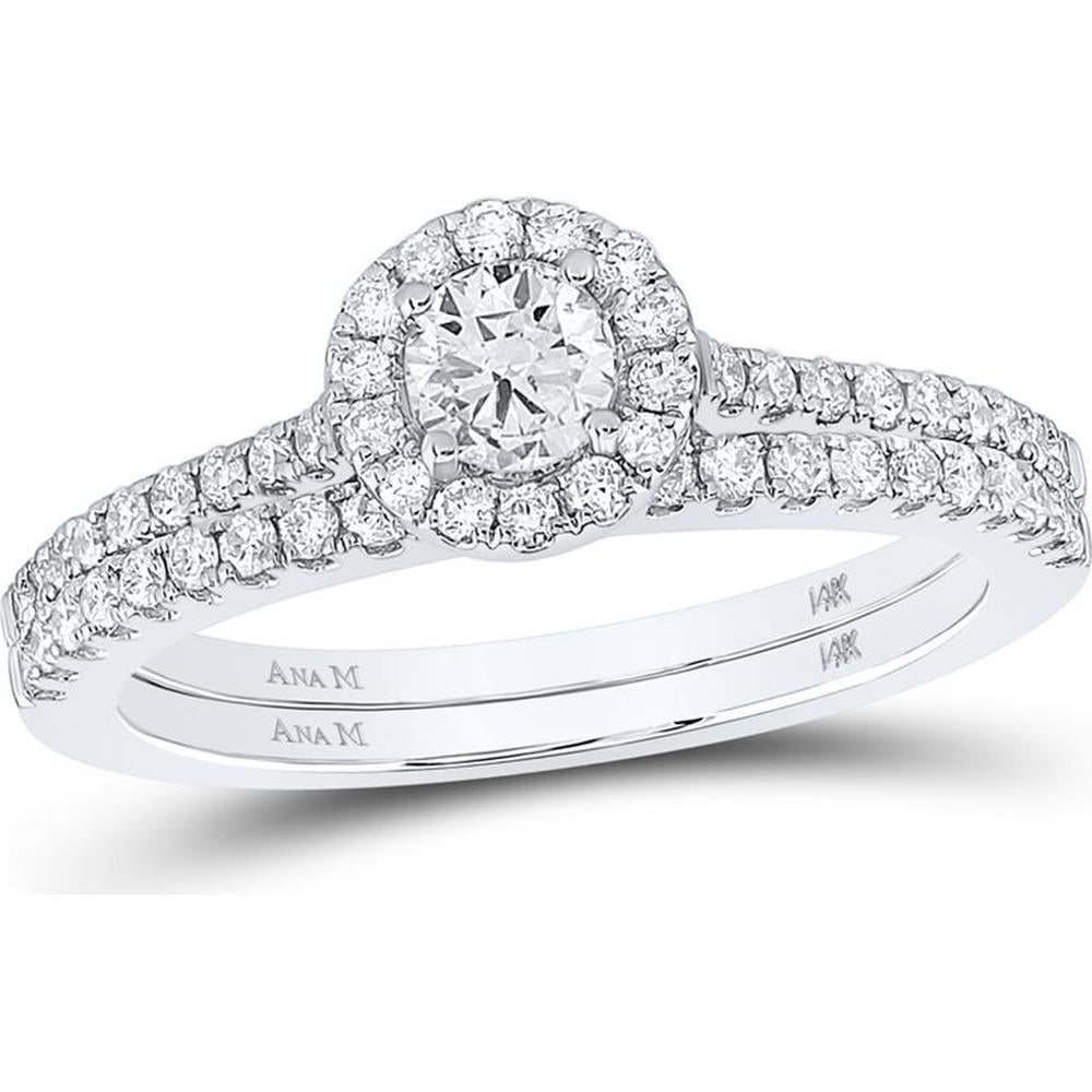 14K Two-Tone Gold Round Diamond Halo Bridal Wedding Ring Set - 7/8 Carat Total Diamond Weight