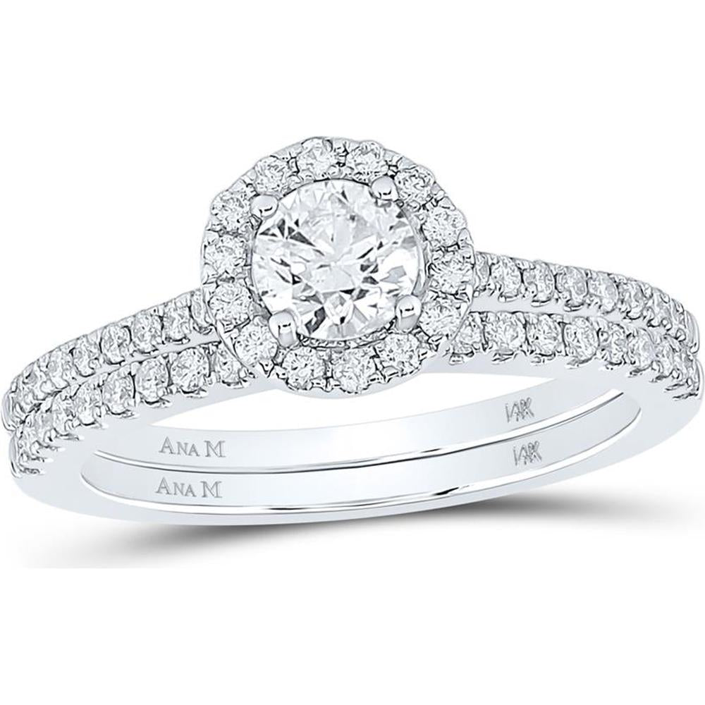 14K Two-Tone Gold Round Diamond Halo Bridal Wedding Ring Set with 1 Carat Total Diamond Weight