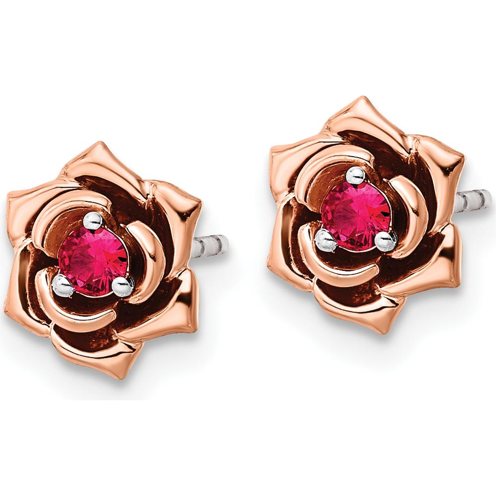 14K Two-Tone Gold Ruby Flower Post Earrings - 0.09 Carat Total Ruby Weight by Oro Pregiato