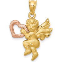 14K Two-Tone Gold Satin Diamond-Cut Angel Charm with Heart - 36mm Length, 20mm Width by Oro Pregiato