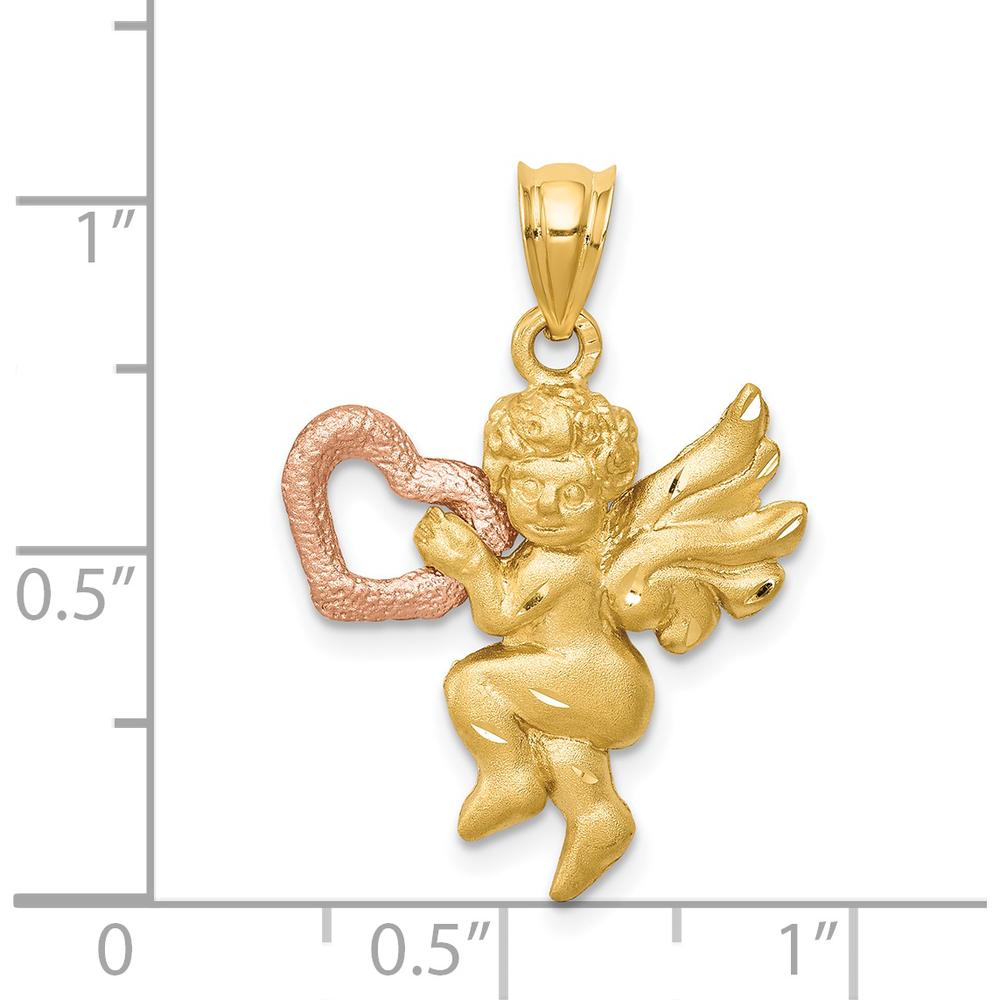 14K Two-Tone Gold Satin Diamond-Cut Angel Charm with Heart - 36mm Length, 20mm Width by Oro Pregiato