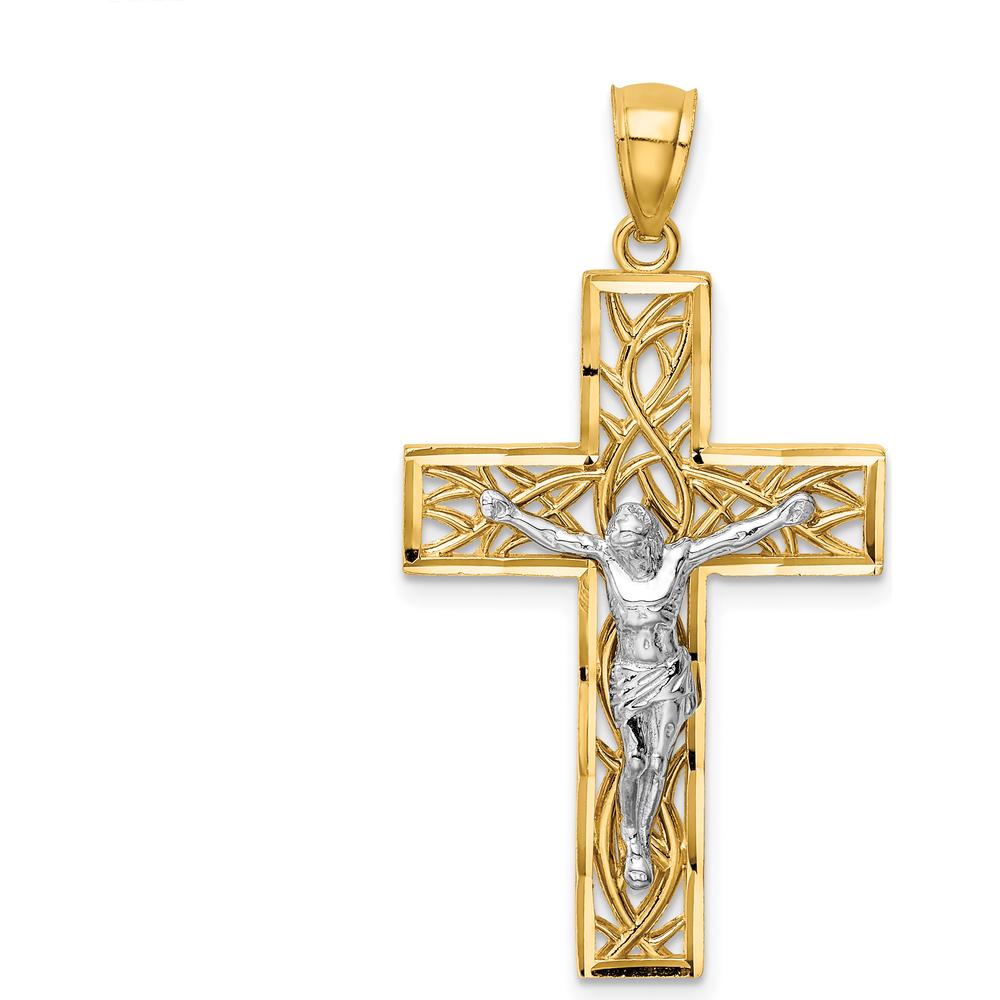 14K Two-Tone Gold Satin Polished Diamond-Cut Crucifix Pendant - 37mm Length by Oro Pregiato