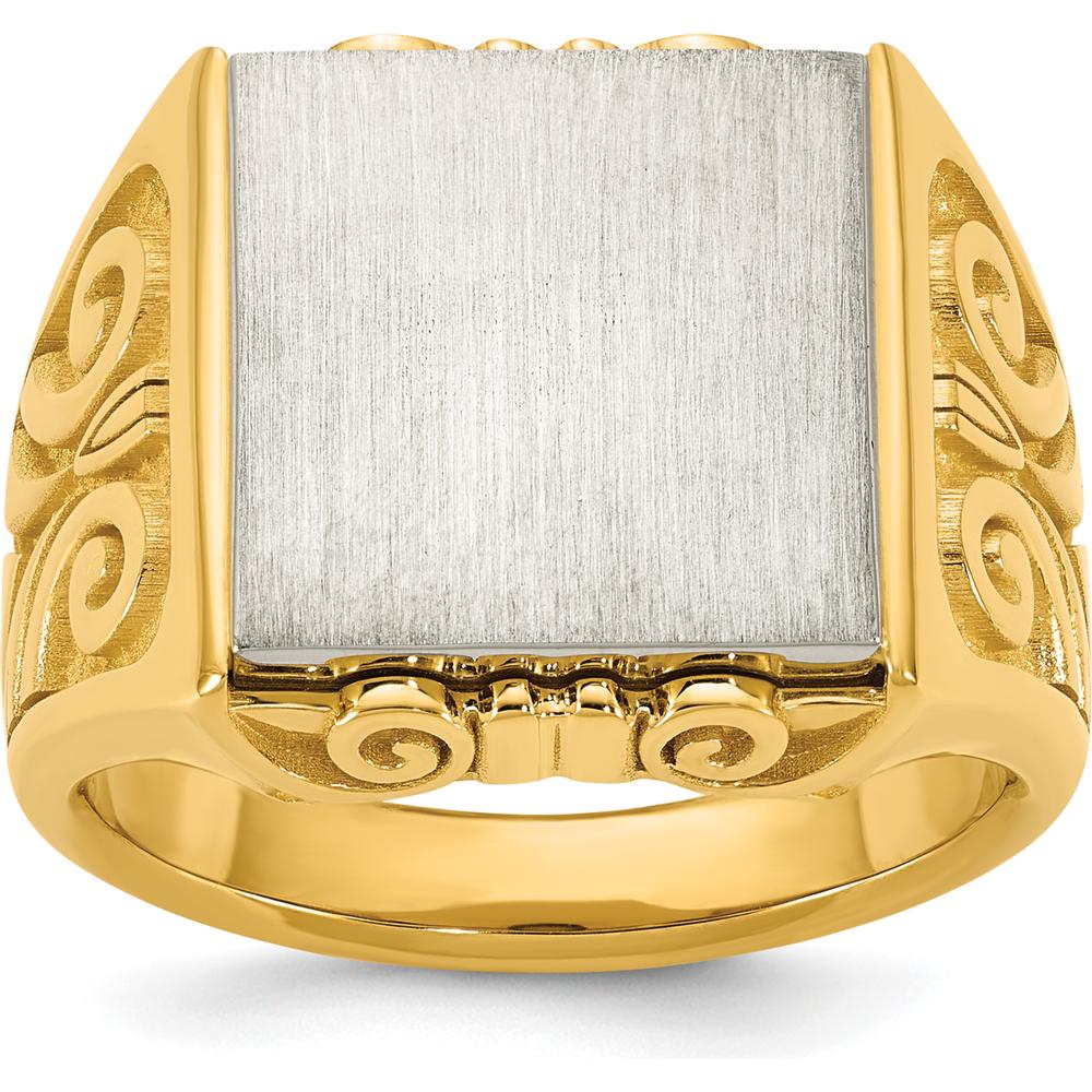 14K Two-Tone Gold Signet Ring with Brushed and Polished Finish - Engravable Square Design by IBGoodman