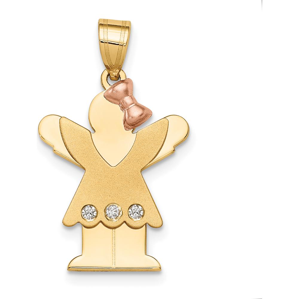 14K Two-Tone Gold Small Girl Pendant with Ruffles, Bow, and 3 Diamonds - 0.03 Carat Total Diamond Weight by Oro Pregiato