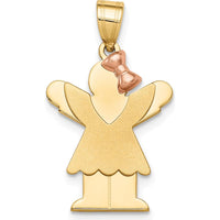 14K Two-Tone Gold Small Girl with Ruffles and Rose Gold Bow Engravable Pendant - 25mm Length by Oro Pregiato