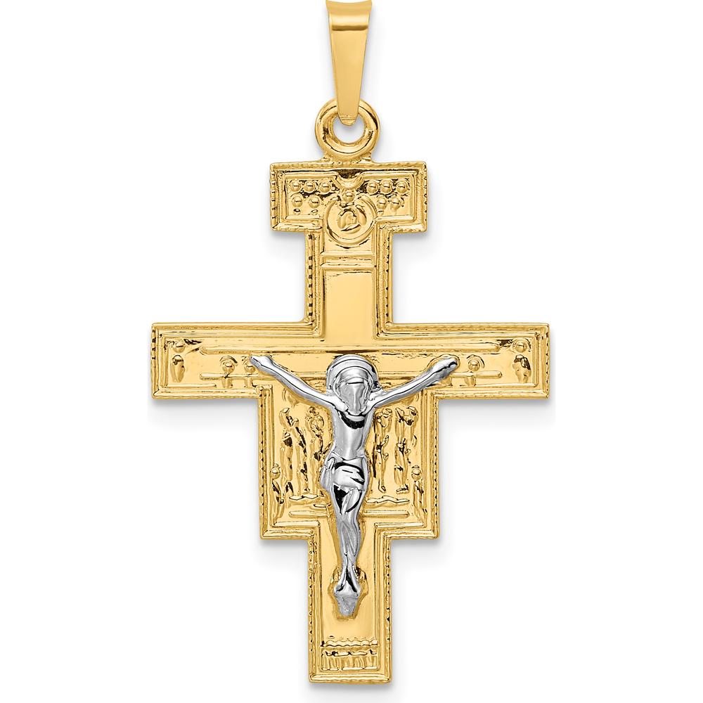 14K Two-Tone Gold Solid Crucifix Pendant with Polished Finish by Oro Pregiato
