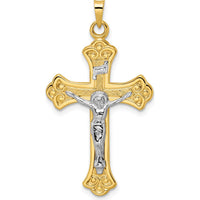 14K Two-Tone Gold Solid INRI Fleur de Lis Crucifix Pendant - Polished Finish by Oro Pregiato