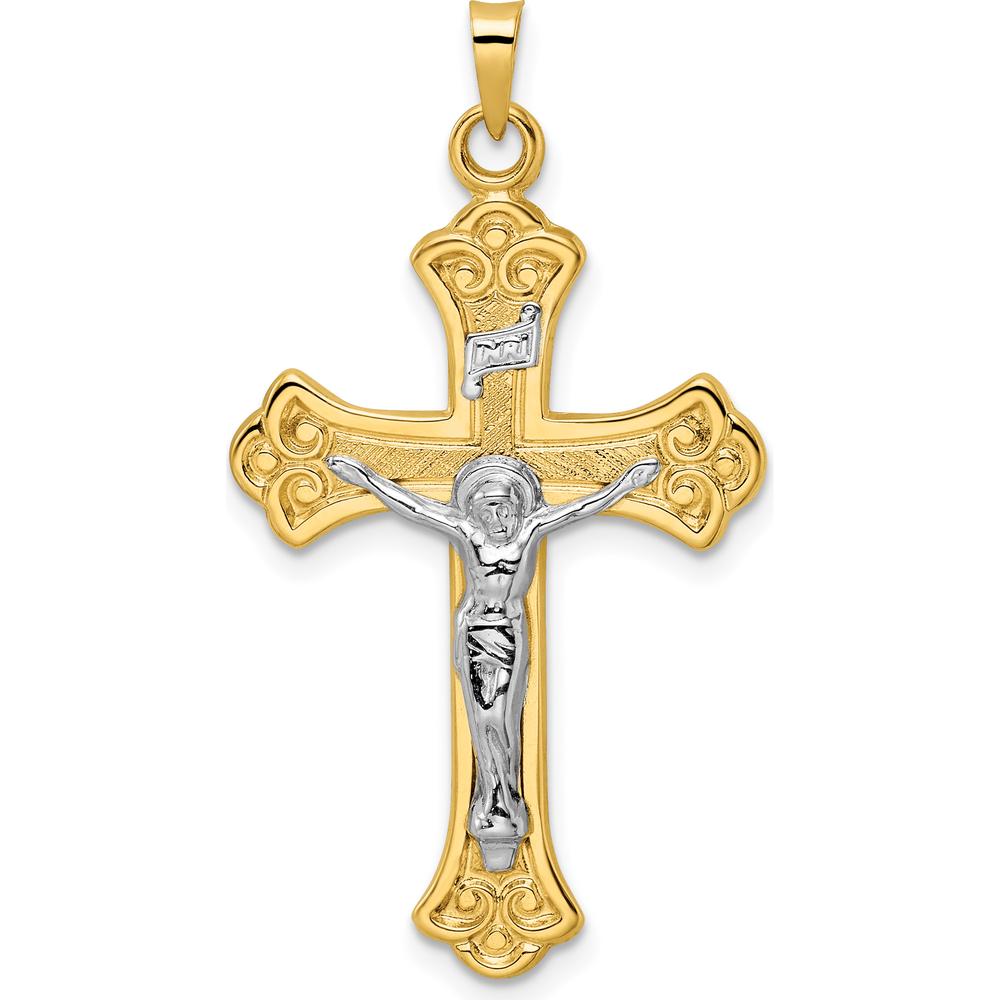14K Two-Tone Gold Solid INRI Fleur de Lis Crucifix Pendant - Polished Finish by Oro Pregiato