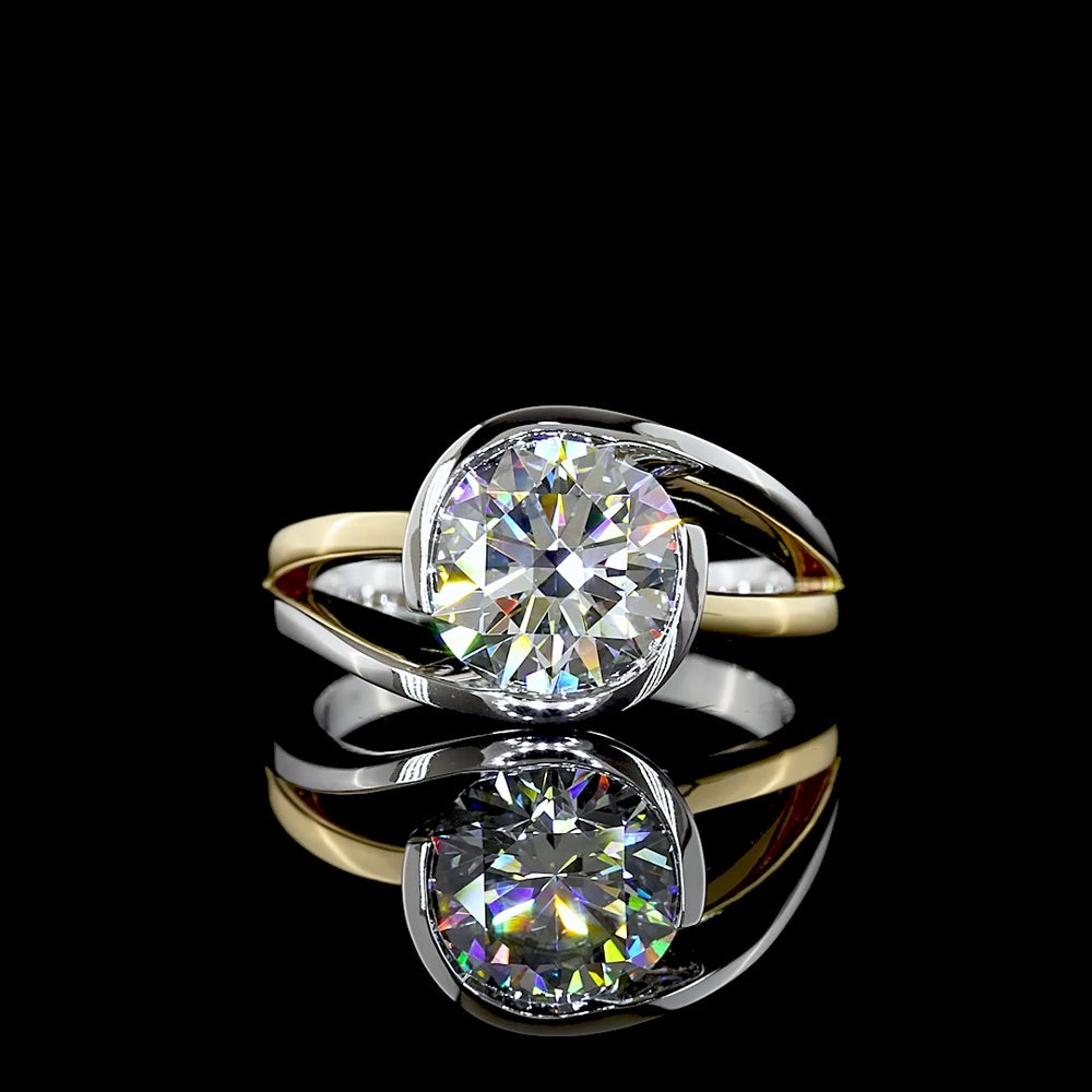 14K Two Tone Gold Solitaire Ring with Half Bezel Set 2.54 Carat Round Cut Lab Diamond - E-F Color VVS2 Clarity - Covaloro Fine Jewelry
