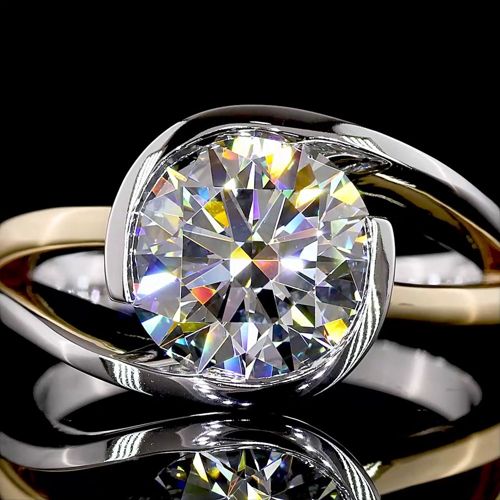14K Two Tone Gold Solitaire Ring with Half Bezel Set 2.54 Carat Round Cut Lab Diamond - E-F Color VVS2 Clarity - Covaloro Fine Jewelry