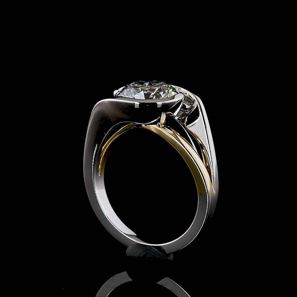 14K Two Tone Gold Solitaire Ring with Half Bezel Set 2.54 Carat Round Cut Lab Diamond - E-F Color VVS2 Clarity - Covaloro Fine Jewelry