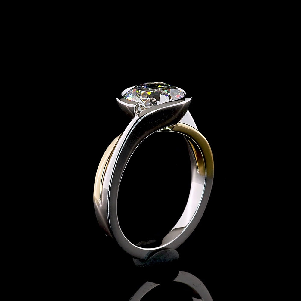 14K Two Tone Gold Solitaire Ring with Half Bezel Set 2.54 Carat Round Cut Lab Diamond - E-F Color VVS2 Clarity - Covaloro Fine Jewelry
