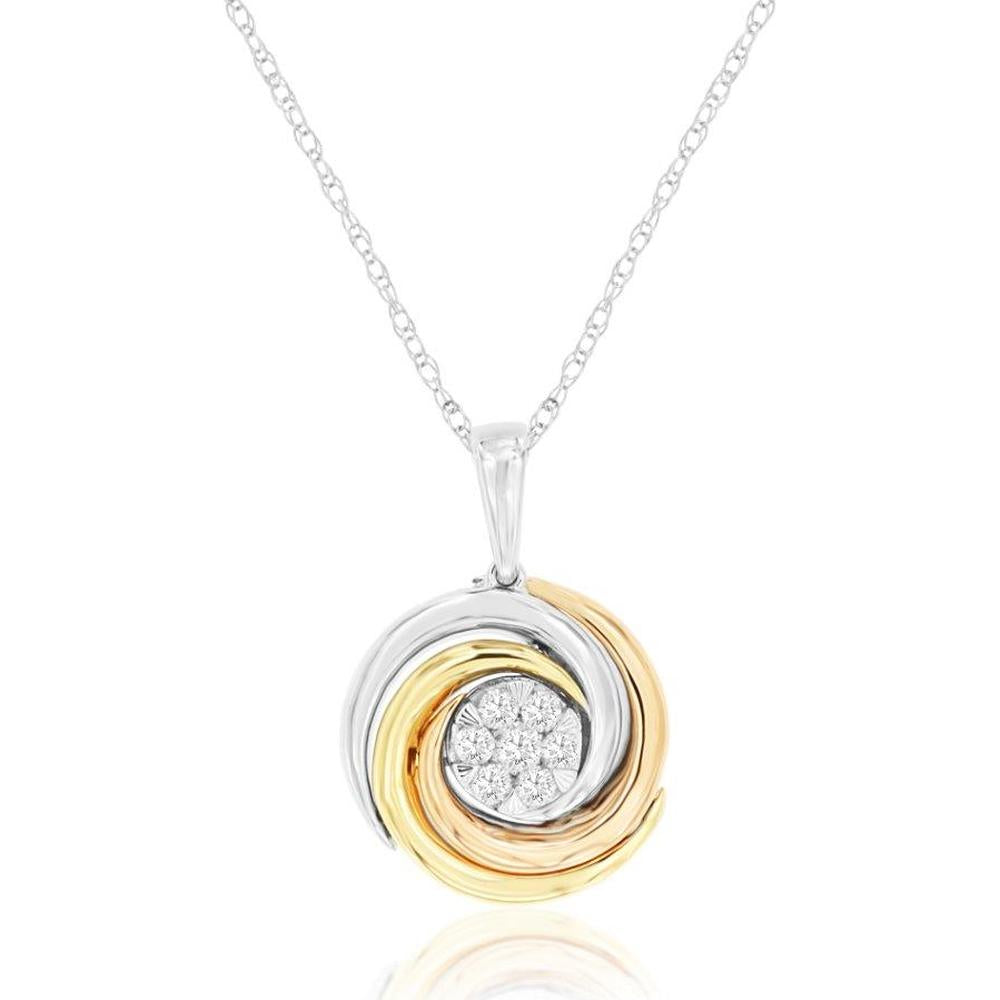 14K Two-Tone Gold Spiral Pendant Necklace with Round Diamond Cluster - 0.15 Carat Total Diamond Weight - Royal Jewelry