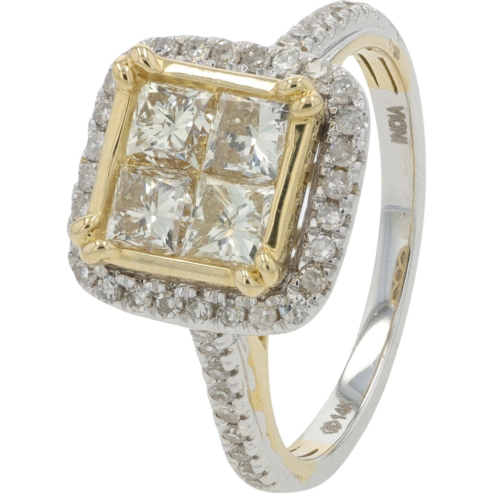 14K Two-Tone Gold Square Halo Ring with Princess Cut and Round Diamond Cluster - 1.65 Carat Total Diamond Weight